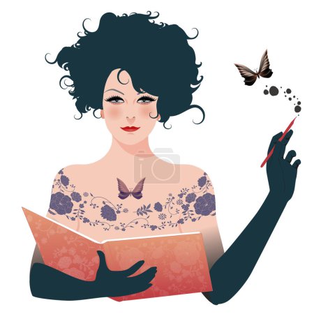 Illustration for Retro Inspired Vector Illustration of a Young Woman Embodying Literary Inspiration, Isolated on White Background. Symbolic Image of Calliope, Muse of Epic Poetry and Eloquence. - Royalty Free Image