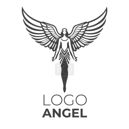 Icono estilizado imagen de ángel con alas grandes. Símbolo, logotipo o marca, aislado sobre fondo blanco