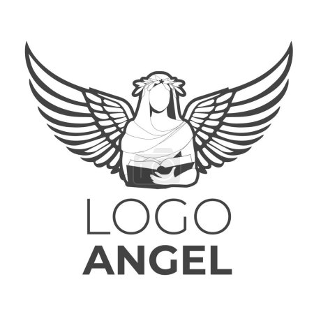 Image d'icône stylisée d'ange avec de grandes ailes tenant un livre. Symbole, logo ou marque, isolé sur fond blanc