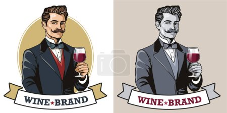 Eleganter Mann mit Schnurrbart in Retro-Klamotten greift nach einem Glas Rotwein