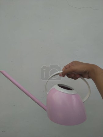 Photo for Woman hand holding a pink watering can, isolated on white background - Royalty Free Image