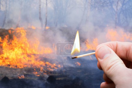 Foto de Ardiente coincidencia en la mano de un hombre y llamas de incendios forestales que se extienden a través de los bosques y campos en el fondo. concepto de incendios forestales, pequeña coincidencia causa fuego, consecuencias desastrosas para la naturaleza, las personas - Imagen libre de derechos