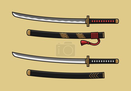 Illustration for Set Of Line Art Detail Cartoon Katana (Japanese Sword) - Royalty Free Image