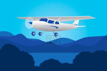 Illustration for Cessna plane flying above clouds cartoon design vector flat modern illustration - Royalty Free Image