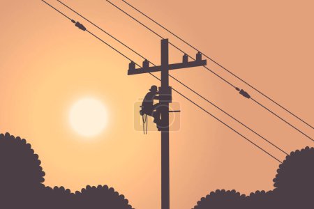 Illustration for Illustration of lineman with electrical installation on the city for electrical service modern vector - Royalty Free Image