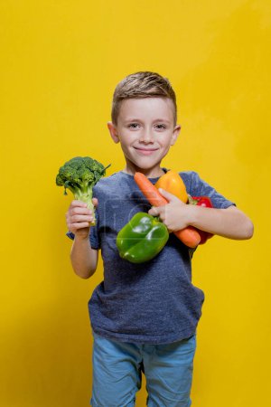 The boy holds fresh vegetables in his hands: broccoli, carrots and peppers on a yellow background. Vegan and healthy concepts