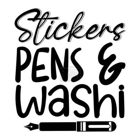 Ilustración de Pegatinas plumas y washi diseño de vectores tipográficos, texto aislado, composición de letras - Imagen libre de derechos