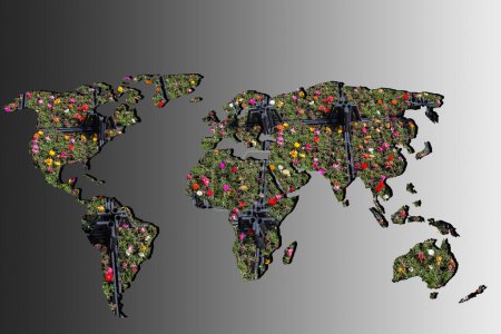 Téléchargez les photos : Carte du monde grossièrement esquissée avec remplissage de fleurs sur fond gris - en image libre de droit