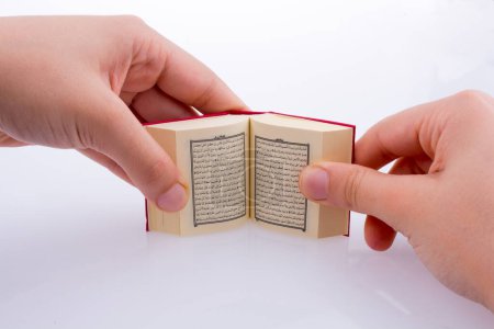 Photo for Hand holding The Holy Quran on a white background - Royalty Free Image