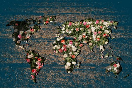 Téléchargez les photos : Carte du monde approximativement esquissée avec remplissage de fleurs - en image libre de droit
