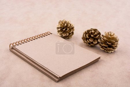 Photo for Pine cones and a notebook on a brown background - Royalty Free Image