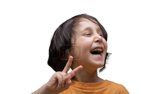 Photo for Boy making victory sign isolated on a white background. Cute happy child, positive face - Royalty Free Image