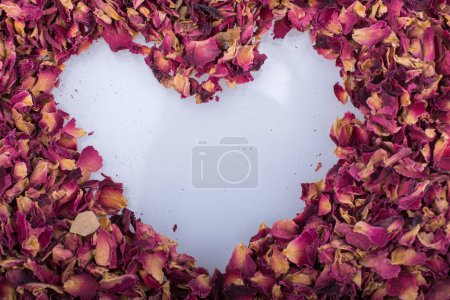 Téléchargez les photos : Pétales secs forment une forme de coeur sur un fond blanc - en image libre de droit