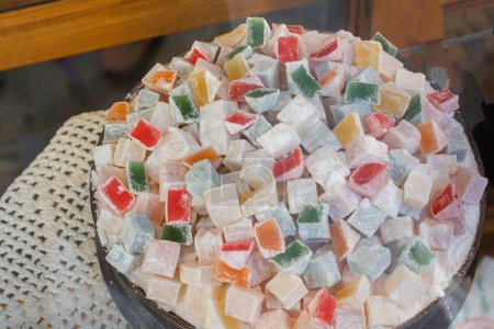 Photo for Load of traditional turkish delight lokum sugar coated soft candy - Royalty Free Image