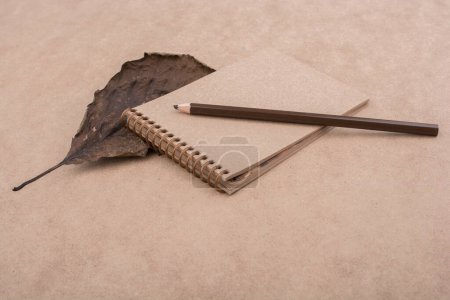 Foto de Cuaderno espiral, lápiz de color y una hoja seca un fondo marrón - Imagen libre de derechos