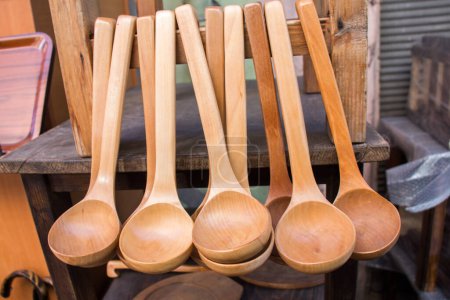 Photo for Dozens of soup spoon or tablespoon made of wood - Royalty Free Image