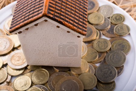 Monnaies lires turques à côté d'une maison modèle sur fond blanc
