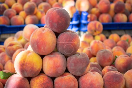 Photo for Background of peaches. Ripe and juicy peaches are sold at the farmers - Royalty Free Image