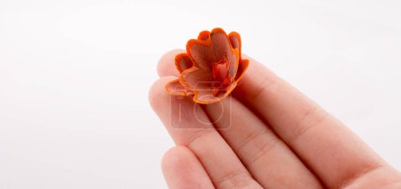 Color pencils shavings at the top of fingers on white background