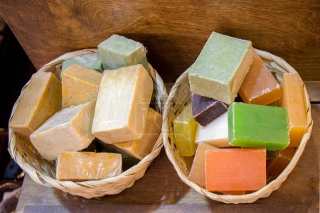 Photo for Collection of bars of fragrant hand made organic soap - Royalty Free Image