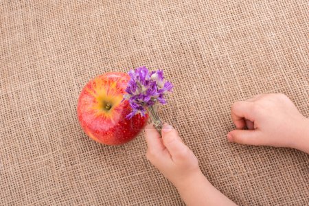 Hand hält einen Blumenstrauß neben einem Apfel