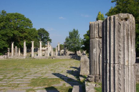 Sitio arqueológico de Altilia: detalle de los restos de algunas columnas y una pared de piedra seca en el fondo. Sepino, Molise, Italia.