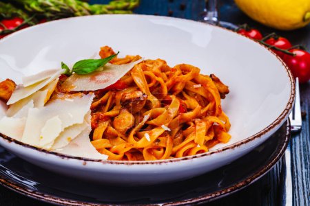 Foto de Pasta con mariscos, tomate y queso parmesano en plato blanco - Imagen libre de derechos