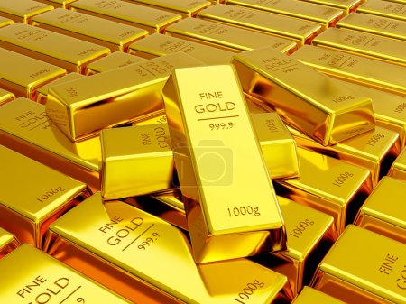 Téléchargez les photos : 3d realistic gold bullion. Close-up 1000-gram gold bars. Some gold bars on top of a stack of gold bars. 3d rendering illustration. - en image libre de droit