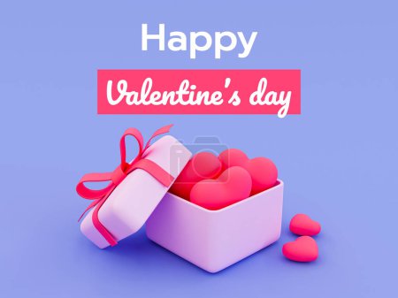 Photo for 3d minimal Valentine's day greeting card. Happy valentine's card with a box full of hearts. 3d illustration. - Royalty Free Image