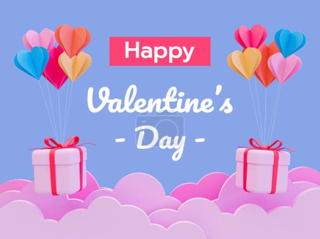 Téléchargez les photos : 3d minimal Valentine's day greeting card. Happy valentine's card with a gift box flying. 3d illustration. - en image libre de droit