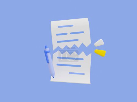 Photo for 3d minimal torn paperwork. application rejected. contract termination. ripped document with a pen 3d illustration. - Royalty Free Image