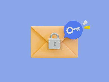 Téléchargez les photos : 3d minimal privacy protection concept. Safety access. Personal data security. Mail icon with a padlock and key icon. 3d illustration. - en image libre de droit