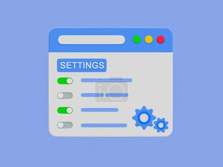 3d minimal settings page. User customize settings page. browser with users' personal page. settings page with a gear wheel icon. 3d illustration.