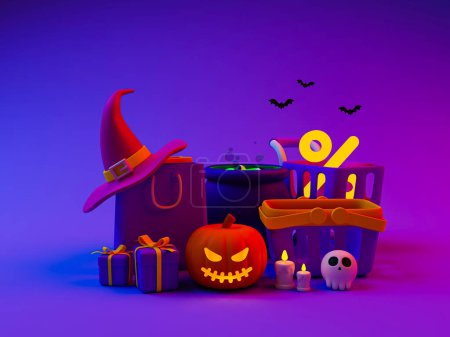 Photo for 3d minimal Halloween Discount promotion. Special discount offer. Halloween Sales promotion. Shopping cart with a gift box, shopping bag, and Halloween pumpkin. 3d illustration. - Royalty Free Image