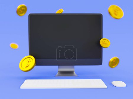 Téléchargez les photos : 3d minimal financial concept. empty PC screen mockup for banner or brand logo. Marketing strategy. Blank computer display template with coins around. 3d illustration. - en image libre de droit