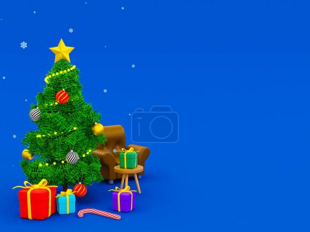 Photo for 3d minimal Christmas template. Christmas theme on blue background with copy space and Christmas ornament. Christmas tree with gift boxes. 3d rendering illustration. - Royalty Free Image