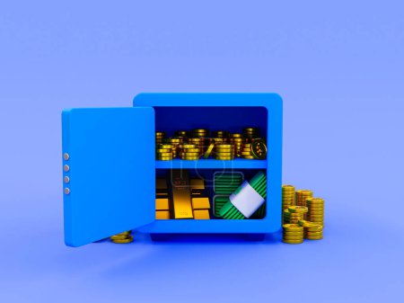 Téléchargez les photos : 3d minimal money-saving concept. Storing money in the safe box. A pile of money, gold, and banknotes inside a safe box. 3d illustration. - en image libre de droit