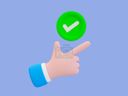 3d minimal green check mark symbol. correct sign. Get a green light concept. approved, accepted, ok, accepted, right. Cartoon hand with a Green check mark icon. 3d illustration.