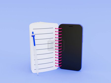 Téléchargez les photos : 3d empty white notebook. Memo notepad. white diary binding with a smartphone. 3d rendering illustration. - en image libre de droit