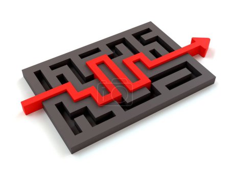 Téléchargez les photos : Un labyrinthe noir, labyrinthe avec une flèche rouge passe par la sortie. concept de résolution de problèmes. Chaque problème a un concept de solution. Illustration 3d. - en image libre de droit
