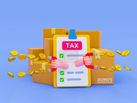 3d minimales Konzept zur Besteuerung von Buchhaltung. Steuerberechnungskonzept. Steuern auf Waren und Dienstleistungen Konzept. Steuerklemmbrett mit Paketen. 3D-Illustration.