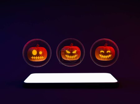 Téléchargez les photos : 3d minimal horror Halloween theme. Halloween surprise party. spooky pumpkin faces in a bubble floating on top of the smartphone. 3d rendering. - en image libre de droit