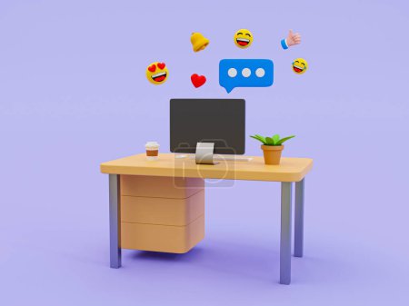 Photo for 3d social media emoji icon. Online chatting concept. Workplace - desk, and computer with Funny emoticon faces floating. 3d rendering illustration. - Royalty Free Image