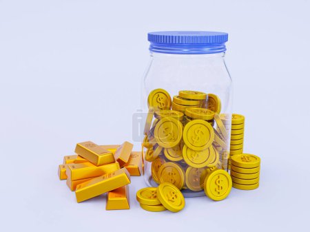 Photo for 3d realistic bullion and money. Investment concept. The idea of collecting money and gold for speculation. dollar coin in a glass jar and gold bars beside. 3d rendering illustration. - Royalty Free Image