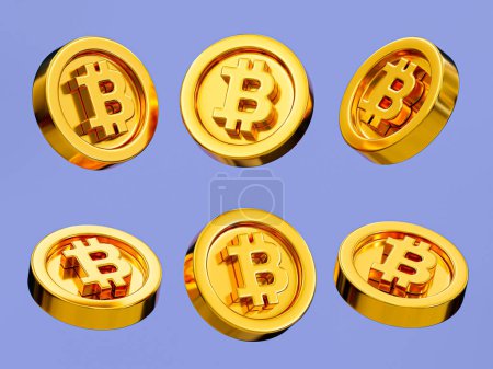 Photo for 3d glossy bitcoin. 6 directions of shiny coins. Blockchain exchange symbol. 3d illustration. - Royalty Free Image