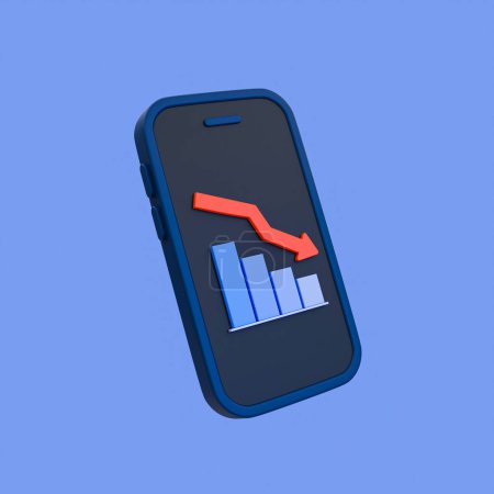 Photo for 3d minimal data analysis icon. financial down. stock down. depreciation concept. Smartphone with a bar graph with an arrow down. 3d illustration. - Royalty Free Image