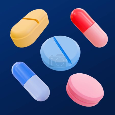 Téléchargez les photos : 3d ensemble minimal de pilules de médecine. diverses formes de médicaments. Illustration 3d. - en image libre de droit