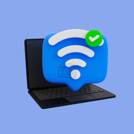 Photo for 3d minimal Internet tethering. signal search succeeded. Laptop with Wi-Fi signal and check mark icon. 3d rendering illustration, clipping path included. - Royalty Free Image