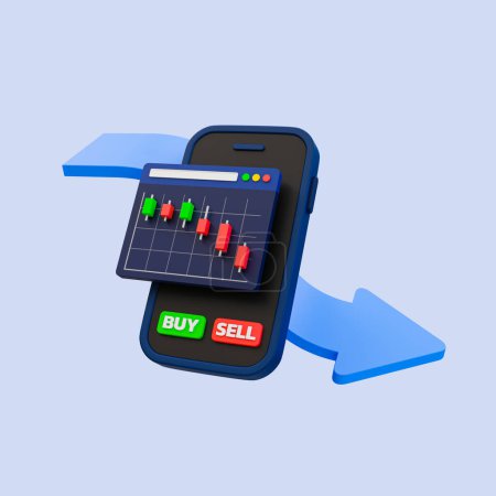 Photo for 3d minimal data analysis icon. financial down. stock down. depreciation concept. Smartphone with candle graph and arrow down. 3d illustration, clipping path included. - Royalty Free Image