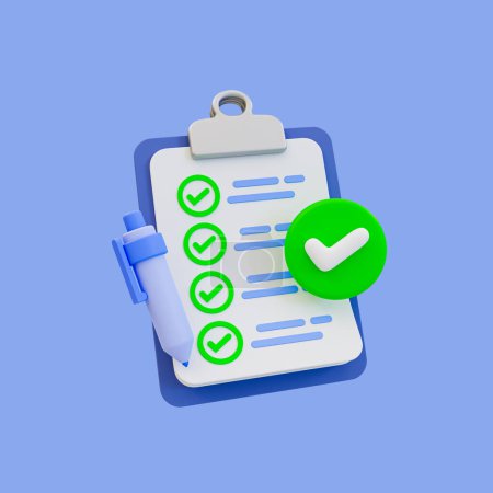 3d minimal To-do list complete. Goal achievement success. Checklist success. checklist clipboard with a checkmark. 3d illustration. clipping path included.